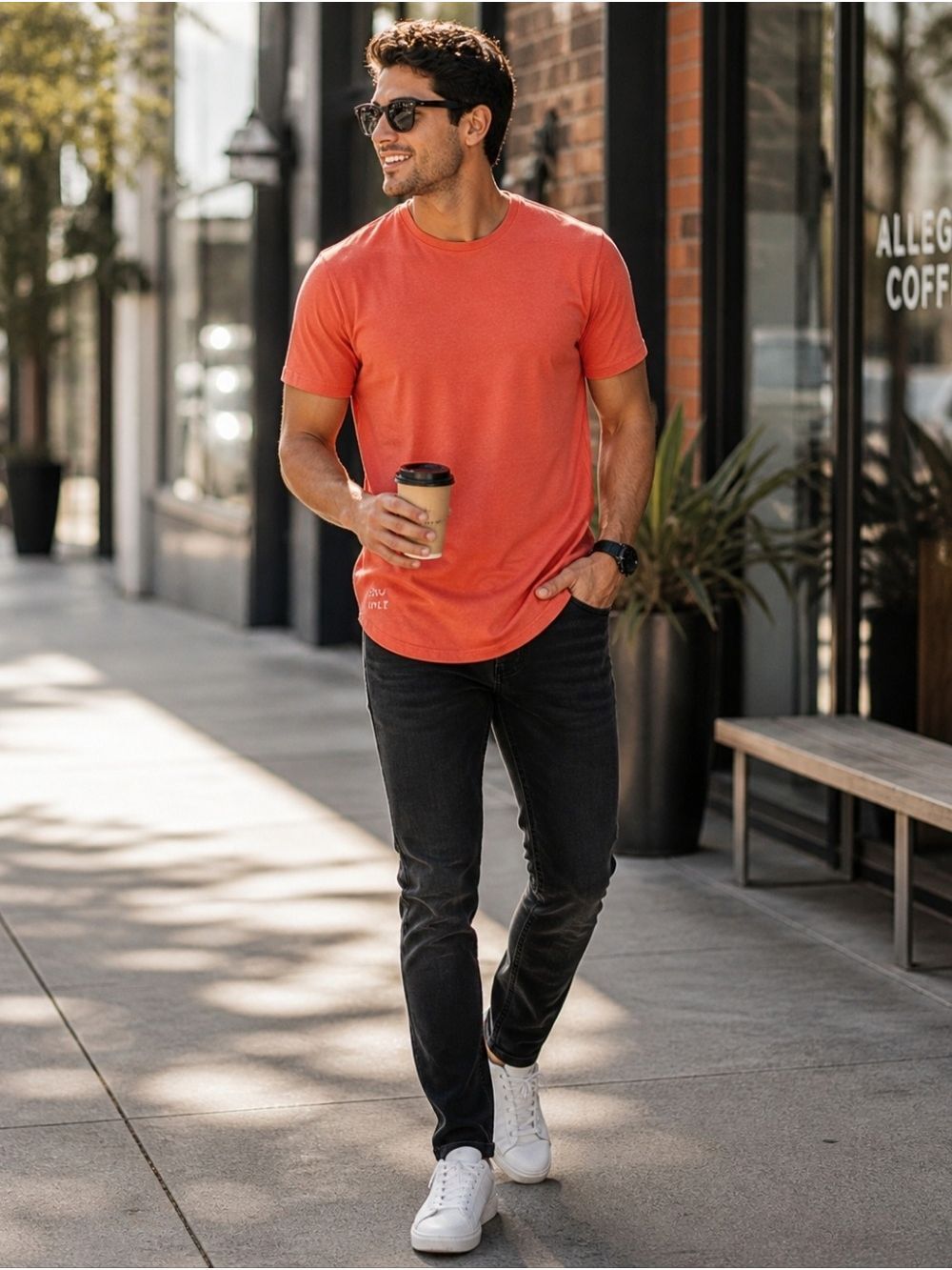 BYLT Basics Drop Cut T-Shirt Men’s Medium Coral Orange Stretch Performance T